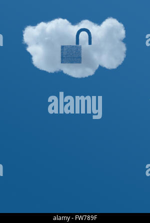 Un nuage blanc avec un cadenas déverrouillé illustrant l'idée de vulnérabilité des données dans le cloud. C'est illustratif du Cloud C Banque D'Images