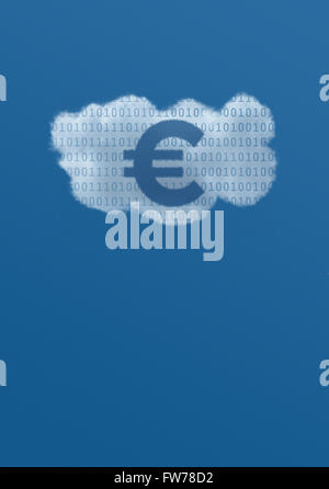 Symbole de l'euro à l'intérieur d'un nuage blanc avec des données binaires dans un ciel bleu Banque D'Images