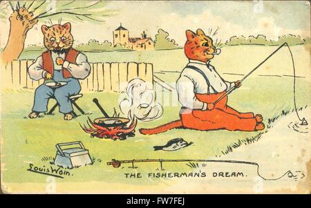 Carte postale de la bande dessinée intitulée Le rêve du pêcheur par l'artiste Louis Wain. Banque D'Images