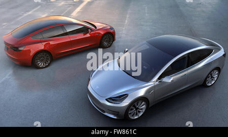 Document - Un document sans date photo disponible le 31 mars 2016 par le fabricant de voiture électrique américaine Tesla Motors montre deux des échantillons du nouveau modèle Tesla 3. Photo : TESLA MOTORS/dpa (à l'ATTENTION DES RÉDACTEURS : Editorial n'utiliser que dans le cadre des rapports et à l'obligation de crédit source : 'Tesla Motors') : dpa Crédit photo alliance/Alamy Live News Banque D'Images