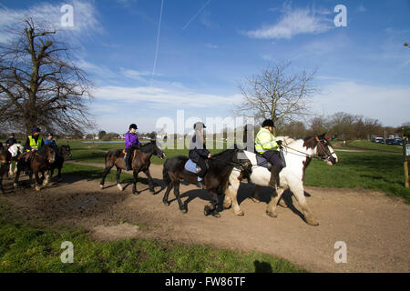 Wimbledon Londres, Royaume-Uni. 1er avril 2016. Météo France : un groupe de cavaliers forment une école d'équitation profitez du soleil du printemps sur Wimbledon Common que les températures devraient augmenter de crédit : amer ghazzal/Alamy Live News Banque D'Images