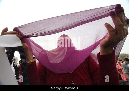 Srinagar, Inde. 01 avr, 2016. Une femme musulmane du Cachemire prie comme prêtre principal (pas en photo) affiche la relique, que l'on croit être les cheveux de la barbe du Prophète Mohammad (saw), au cours de prières spéciales sur l'anniversaire de mort Abou Bakr Siddiq (RA), le premier calife de l'Islam, au lieu de culte Hazratbal dans la banlieue de Srinagar, la capitale d'été du Cachemire sous contrôle indien. © Faisal Khan/Pacific Press/Alamy Live News Banque D'Images