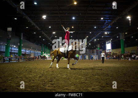 Buenos Aires, Argentine. 1er avril 2016. Une gymnaste rider prend part à la 'Tourner' contest lors de la 12e 'Nos chevaux' Expo, sur le terrain de la Société Rurale Argentine, à Buenos Aires, Argentine, le 1 avril 2016. © Martin Zabala/Xinhua/Alamy Live News Banque D'Images