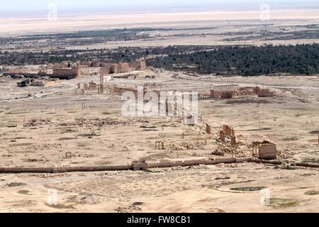 Palmyre. 1er avril 2016. Les architectures anciennes endommagées sont vus dans Palmyre de la Syrie centrale, le 1 avril 2016. La Syrie, l'ancienne ville de Palmyre a été reprise par les forces gouvernementales syriennes de l'État islamique des combattants. Cependant, la ville est pleine d'antiquités et d'architectures anciennes a subi au cours de la destruction est le contrôle. © Yang Zhen/Xinhua/Alamy Live News Banque D'Images