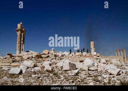 Palmyre. 1er avril 2016. Plusieurs soldats syriens sont vus sur un ancien temple à Palmyre de la Syrie centrale, le 1 avril 2016. La Syrie, l'ancienne ville de Palmyre a été reprise par les forces gouvernementales syriennes de l'État islamique des combattants. Cependant, la ville est pleine d'antiquités et d'architectures anciennes a subi au cours de la destruction est le contrôle. © Yang Zhen/Xinhua/Alamy Live News Banque D'Images