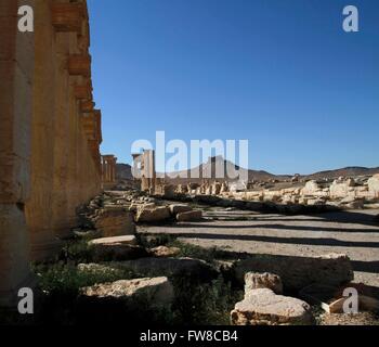 Palmyre. 1er avril 2016. Les architectures anciennes endommagées sont vus dans Palmyre de la Syrie centrale, le 1 avril 2016. La Syrie, l'ancienne ville de Palmyre a été reprise par les forces gouvernementales syriennes de l'État islamique des combattants. Cependant, la ville est pleine d'antiquités et d'architectures anciennes a subi au cours de la destruction est le contrôle. © Yang Zhen/Xinhua/Alamy Live News Banque D'Images