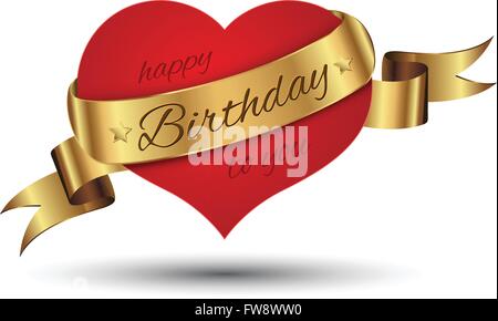 Coeur en verre rouge de vecteur avec ruban d'or. Bon anniversaire à vous. Illustration de Vecteur