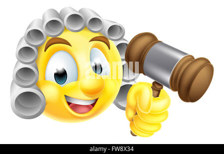 Un dessin animé caractère juge emoji émoticône en perruque blanche holding wooden gavel hammer Banque D'Images