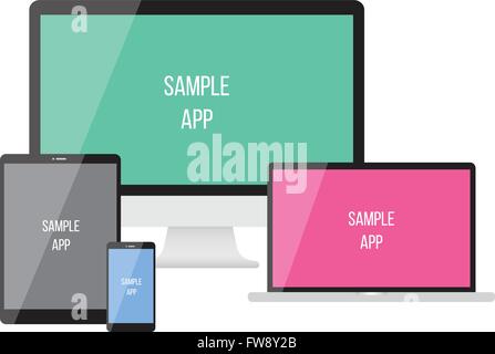 Electronic devices on white background. Vector illustration. smartphones, tablets, computer monitor, netbook. can use for printi Illustration de Vecteur