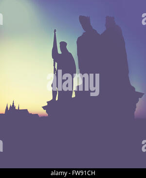 Statue sur le Pont Charles (Karluv Most, 1357), un célèbre pont historique qui traverse la Vltava à Prague, à faible contraste Banque D'Images