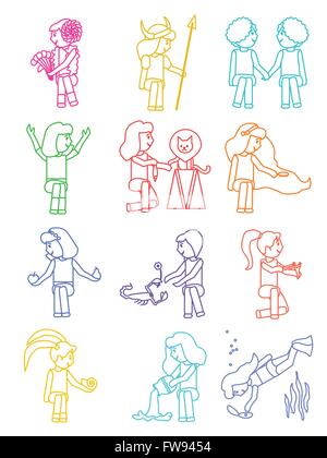 Ensemble de douze dessins illustrations représentant les signes du zodiaque. Illustration de Vecteur
