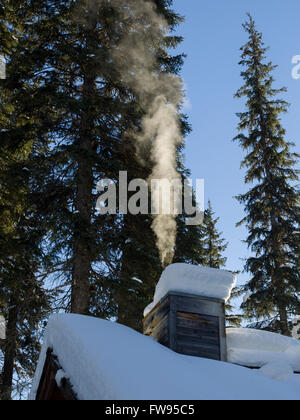 La fumée sortir d'une cheminée à Emerald Lake Lodge en hiver, le lac Emerald, le parc national Yoho, Colombie-Britannique, Canada Banque D'Images