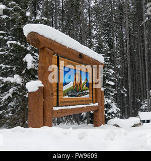 Inscrivez-vous conseil dans Bow Valley Parkway, Johnson Canyon, le parc national Banff, Alberta, Canada Banque D'Images