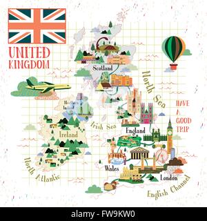 Belle carte de voyage du Royaume-Uni avec des attractions célèbres Illustration de Vecteur
