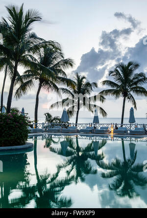 Les palmiers et la piscine de l'hôtel Maritim à Maurice. Banque D'Images