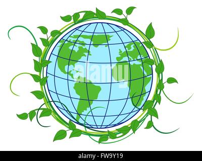 La planète Terre avec l'inscription des continents dans la couronne, avec lianes vert comme un concept de la Journée de la Terre, vector illustration isoler Illustration de Vecteur