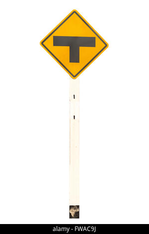 T-junction signalisation circulation avertissement isolé sur fond blanc avec clipping path Banque D'Images