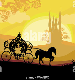 Silhouette d'une calèche et d'un château médiéval Banque D'Images