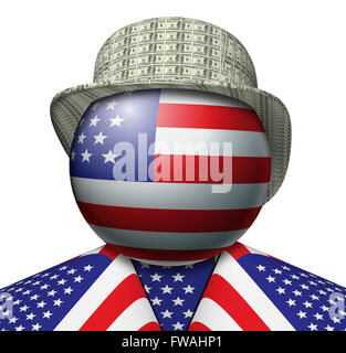 Illustration d'une figure composée d'un drapeau américain avec un chapeau fait de dollars Banque D'Images