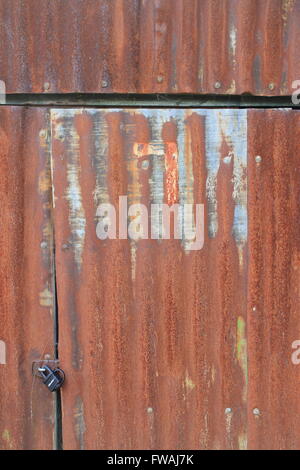 Rusty, feuilles de métal ondulé et d'un cadenas de porte de protection Banque D'Images