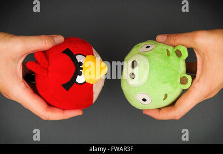 Tambov, Fédération de Russie - Mars 03, 2016 Angry Bird rouge et Bad Piggy jouets mous dans femme les mains sur fond vert sombre. Banque D'Images