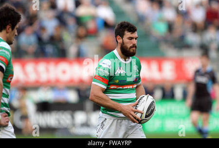 Treviso, Italie. 09Th apr 2016. Benetton Treviso's player Jayden Hayward réagit au cours de la Guinness Rugby Pro12 match entre Benetton Treviso et Glasgow Warriors. Glasgow Warriors bat 38-16 Benetton Treviso Guinness Rugby Pro12 match à Monigo Stadium à Trévise. © Andrea Spinelli/Pacific Press/Alamy Live News Banque D'Images