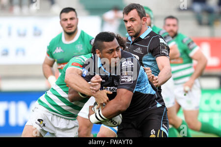 Treviso, Italie. 09Th apr 2016. Glasgow Warriors's player Sila Puafisi se bat pour la balle au cours de la Guinness Rugby Pro12 match entre Benetton Treviso et Glasgow Warriors. Glasgow Warriors bat 38-16 Benetton Treviso Guinness Rugby Pro12 match à Monigo Stadium à Trévise. © Andrea Spinelli/Pacific Press/Alamy Live News Banque D'Images