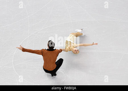 Samedi 2 Avril, 2016 : Alexa Scimeca et Chris Knierim (USA) skate dans les paires style libre de l'International Skating Union World Championship tenue à TD Garden, à Boston, Massachusetts. Eric Canha/CSM Banque D'Images