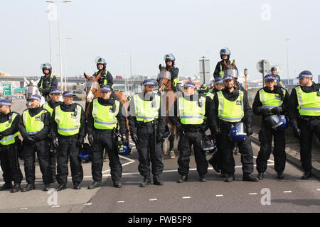 Dover, Royaume-Uni. 09Th apr 2016. Une ligne de policiers anti-émeute avec des chevaux de la police empêche des contre-manifestants de s'approcher de la Ligue de défense anglaise qui se rallient à l'arrière-plan de Dover, UK Crédit : Chris Palmer/Alamy Live News Banque D'Images