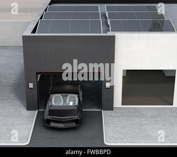 Black car en face du garage. Sur le toit il y a des panneaux solaires pour l'énergie solaire. Le rendu 3D image. Banque D'Images