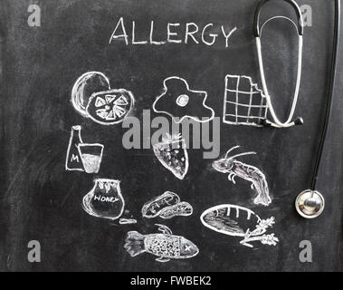 Allergie alimentaire et boissons sur tableau noir concept Banque D'Images