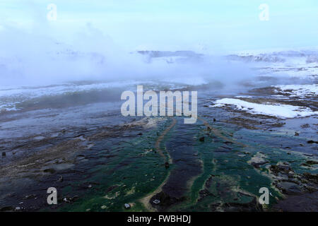 Neige de l'hiver, sources géothermiques à Strokkur Geysir, vallée de Haukadalur, sud-ouest de l'Islande, l'Europe. Banque D'Images