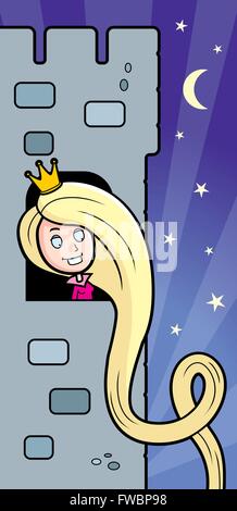 Un cartoon smiling princesse dans une tour du château. Illustration de Vecteur