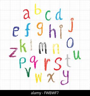 Dessin de l'enfant de l'alphabet font fait avec les crayons de cire Illustration de Vecteur
