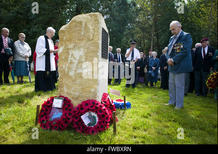 Popy des couronnes sont déposées contre une pierre memeorial à bas champ dans Gloucestershrie air Ampney où pendant la seconde guerre mondial a volé beaucoup d'hommes dont le célèbre escadron de planeur. Banque D'Images