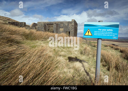 Un signe d'eau Yorkshire Mise en garde contre l'escalade sur les ruines de haut Withins, dit être l'inspiration pour Wuthering Heights Banque D'Images