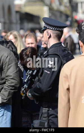 Policier armé à Londres avec les touristes en dehors des Horse Guards à Whitehall. Les gens. Personne. Agent de police de sexe masculin pour la sécurité occupé par les touristes Banque D'Images