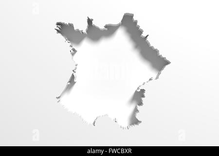 Le rendu 3D d'une carte de France sur fond blanc. Banque D'Images