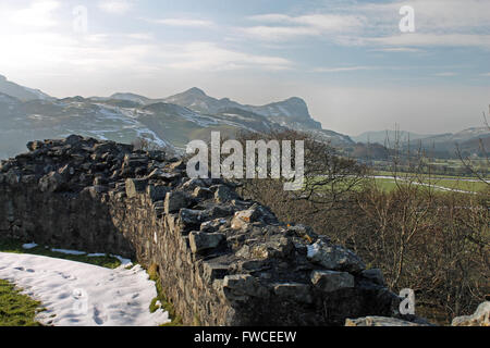 Les chutes de neige à Castell y Bere, un château à proximité de Llanfihangel-y-fanion dans la vallée de Gwynedd, Pays de Galles Dysynni Banque D'Images