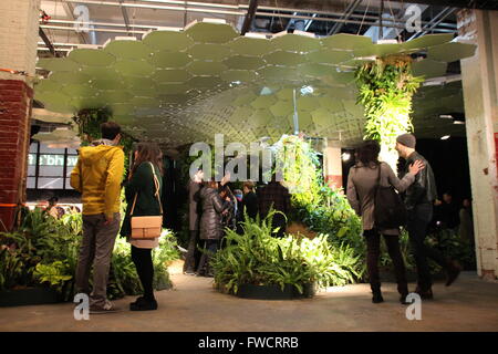 Les visiteurs d'oeil à un lit avec des plantes dans la 'Lowline Lab' à New York, États-Unis, 19 mars 2016. Dans le 'Lowline Lab' ils sont en train de tester les plantes qui peuvent se développer dans un parc souterrain. Photo : CHRISTINA HORSTEN/dpa Banque D'Images