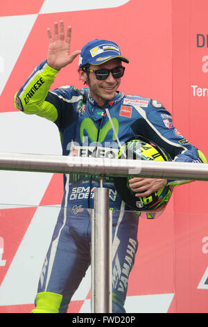 Rio Hondo, l'Argentine. 06Th avr, 2016. Valentino Rossi de l'Italie et Movistar Yamaha MotoGP célèbre la deuxième place à la fin de la course MotoGP pendant le MotoGp d'Argentine - Course à Termas de Rio Hondo Circuit sur Avril 03, 2016 à Rio Hondo, l'Argentine. Crédit : marco iorio/Alamy Live News Banque D'Images