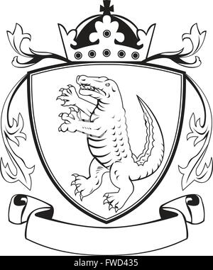 Balck et blanc illustration des armoiries d'un crocodile alligator en colère vu de côté permanent situé à l'intérieur crest protection avec couronne sur le dessus et fait en ruban de feuille de style rétro sur fond isolé. Illustration de Vecteur