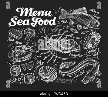 Fruits de mer Menu. Poissons dessinés à la main, la carpe, anguille de mer, pétoncles, crevettes, homard, sushi. vector illustration Illustration de Vecteur