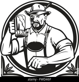 Illustration noir et blanc d'un buveur de bière bavaroise allemande sensibilisation beer mug pour l'Oktoberfest toast portant des lederhosen et allemand chapeau à l'intérieur du cercle fait en style rétro. Illustration de Vecteur