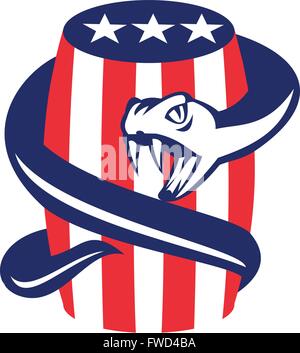 Illustration d'une vipère serpent enrouler les sur baril de bière avec tambour stars and stripes USA drapeau américain sur bakcground isolés fait en style rétro. Illustration de Vecteur