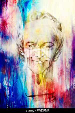 Dessin du philosophe Voltaire sculpture sur abstract background Banque D'Images