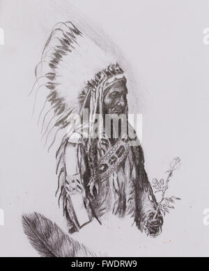 Dessin de Native American Indian foreman Sitting Bull - Totanka Yotanka selon la photographie historique, avec une belle coiffe de plumes, fleurs rose holding. Banque D'Images