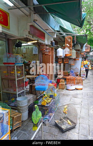 Cages d'oiseaux, et de l'équipement, marché aux oiseaux, Kowloon, Hong Kong, Chine Banque D'Images