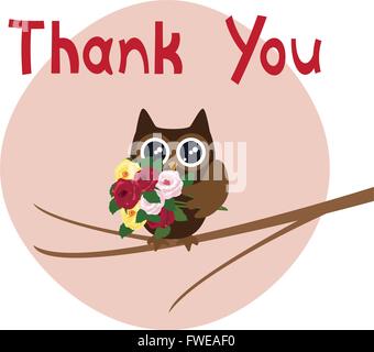 Vector illustration de carte de remerciement avec owl holding roses Illustration de Vecteur