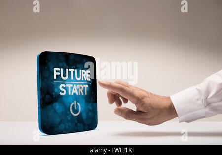 À propos de doigt d'appuyer sur l'écran moderne avec le futur texte Démarrer, fond beige. Concept de droit pour l'illustration de l'innovation o Banque D'Images